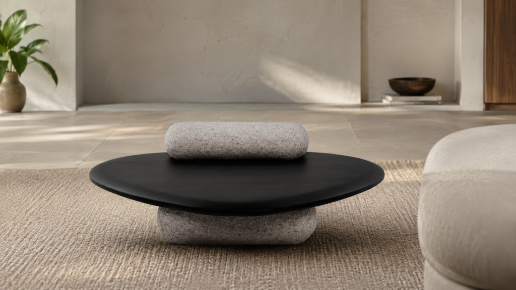 Mesas de centro: Mesa Ostra em living contemporâneo com paleta neutra