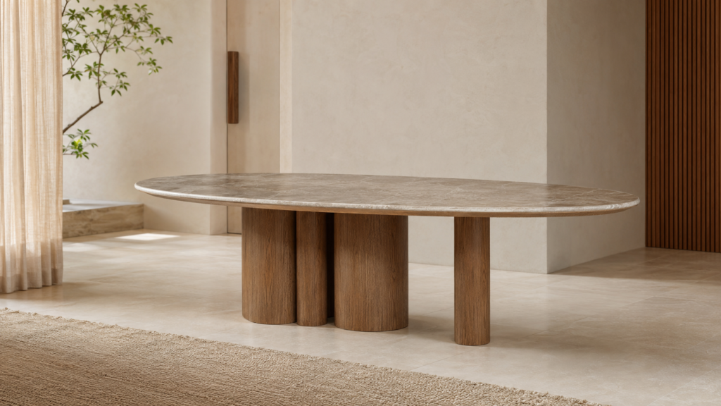 Mesas de jantar: Mesa Orquídea com tampo oval e base escultural em madeira