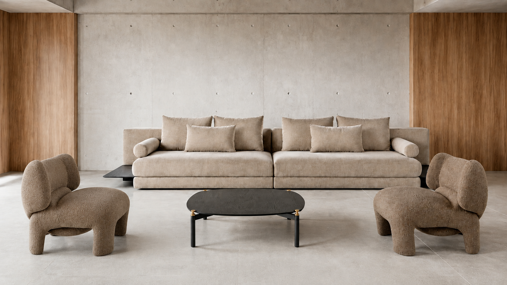 Living contemporâneo com sofá MASP, poltrona Elefante e mesa de centro Bruma