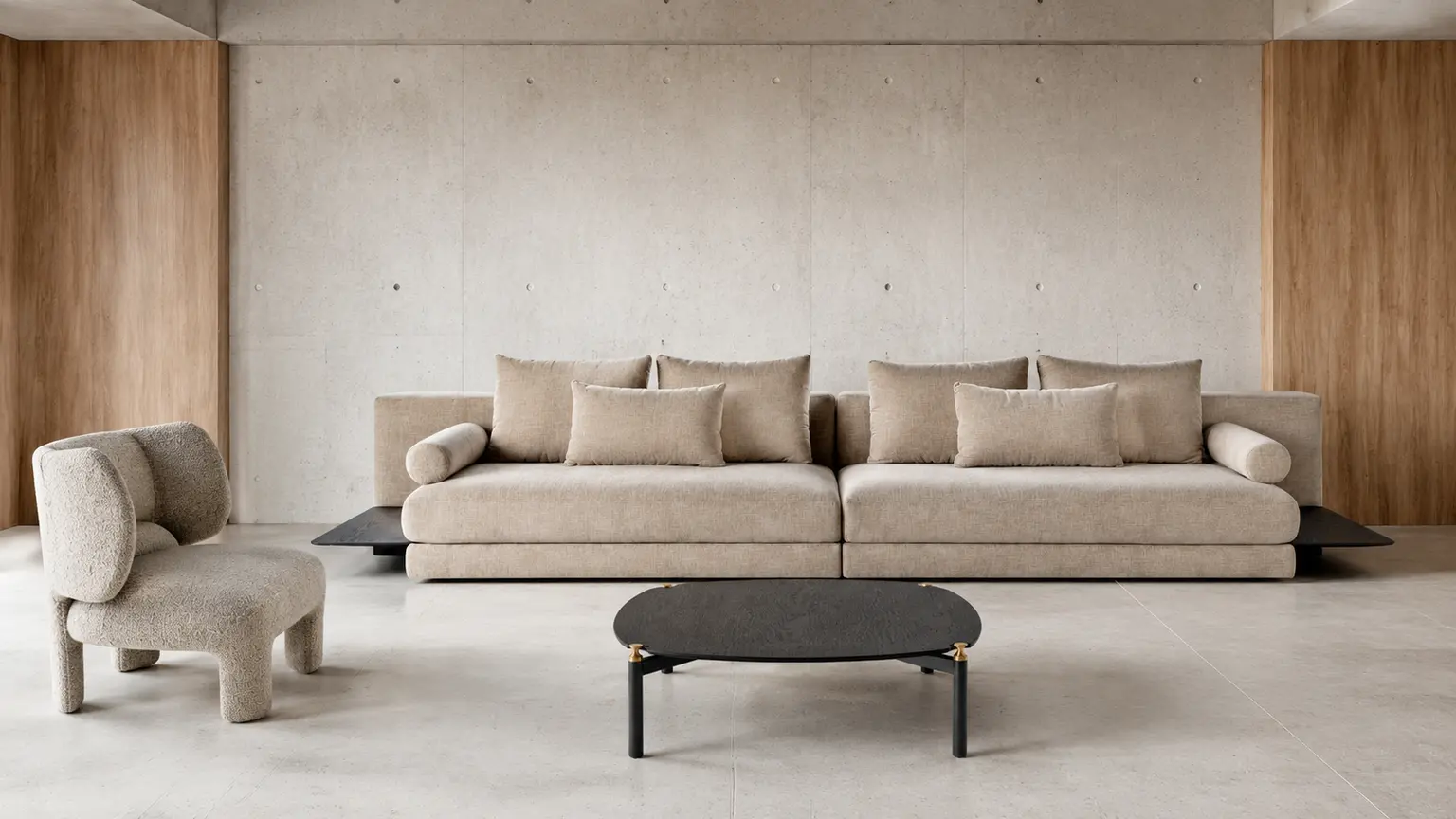 Living contemporâneo com sofá MASP, poltrona Elefante e mesa de centro Bruma
