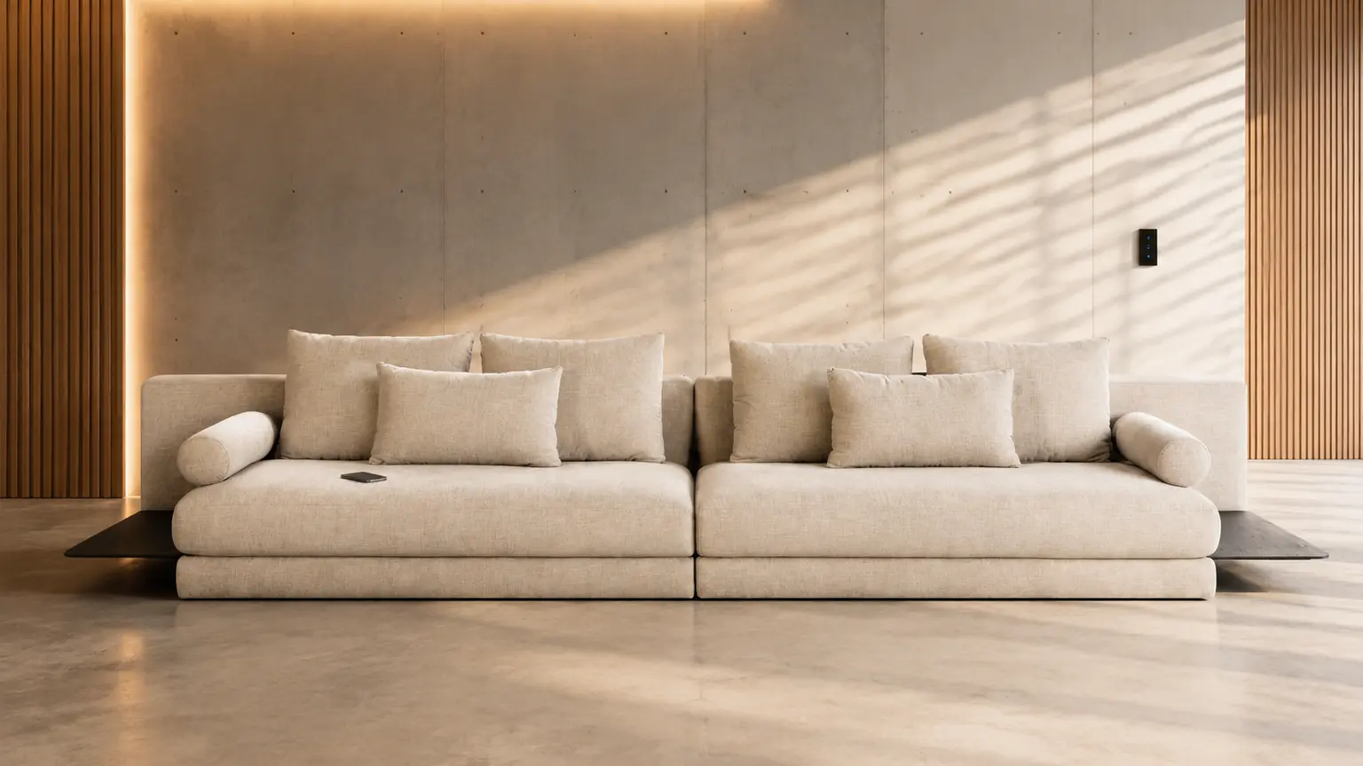 Sofá MASP em living contemporâneo com automação de luz e controle integrado à parede