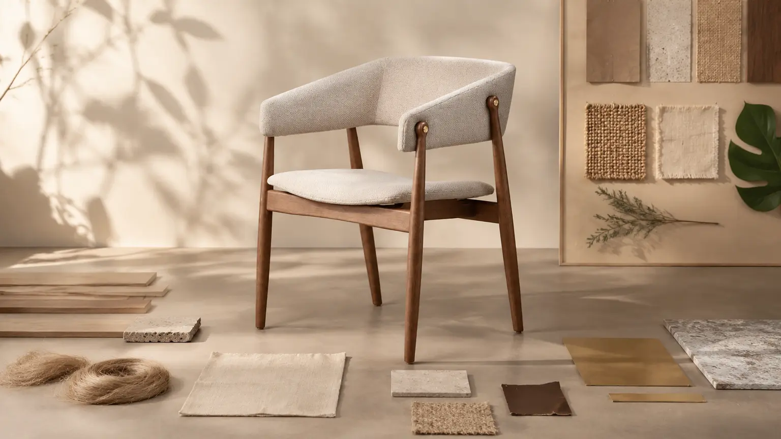 Cadeira Musa entre amostras de madeira, fibras naturais, tecido, pedra e metal