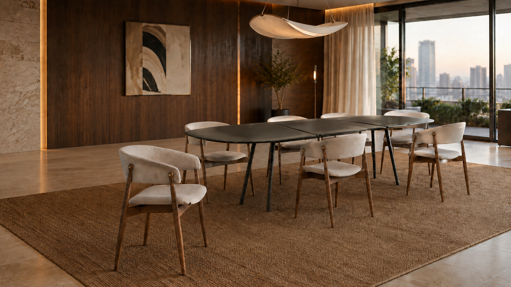 Cadeiras Musa e Mesa Vessel Dunelli em sala de jantar contemporânea.