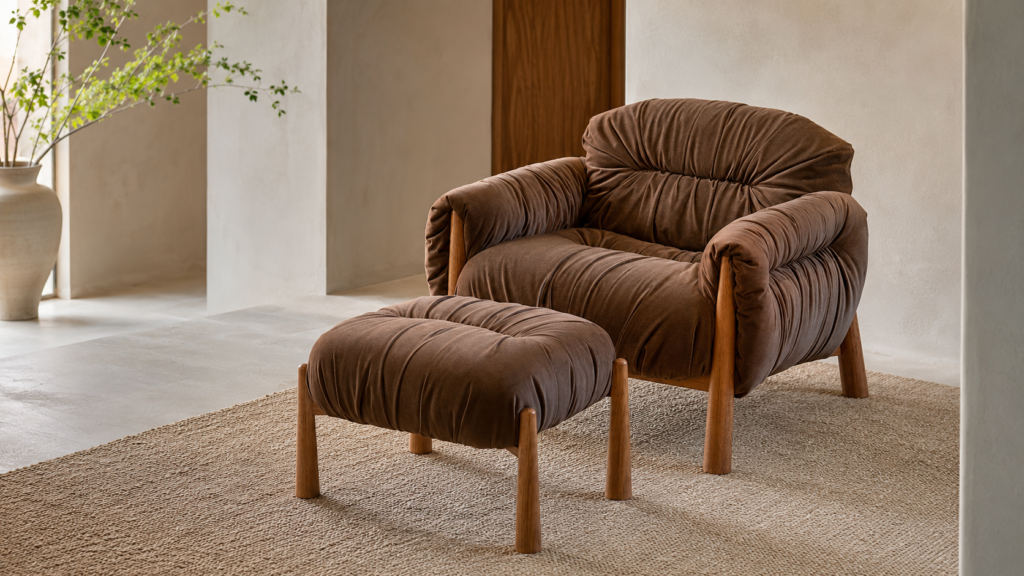 Poltronas de design: Poltrona Manacá com puff em ambiente de leitura e luz natural