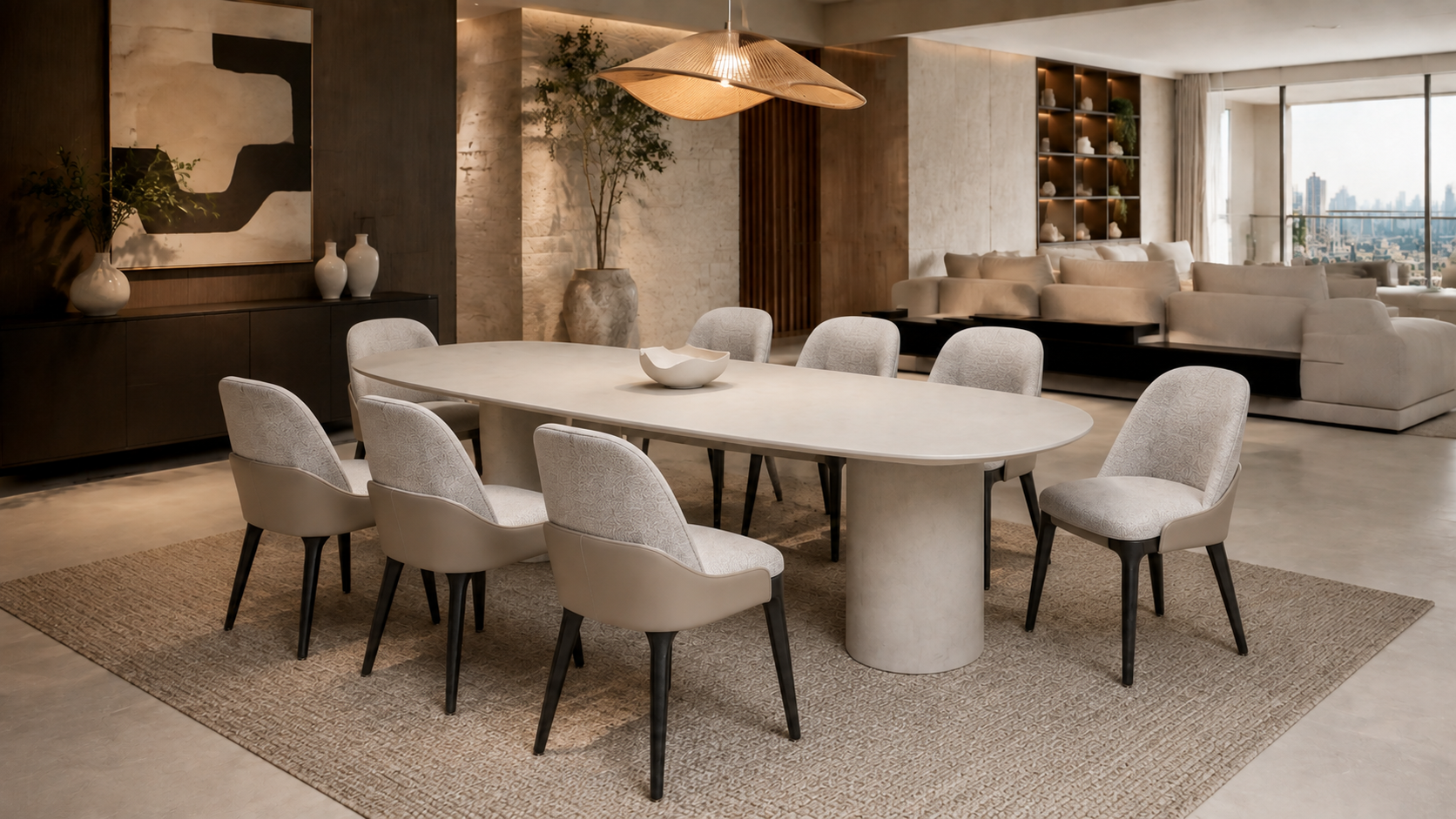 Planta com mesa, cadeiras afastadas e faixas de circulação