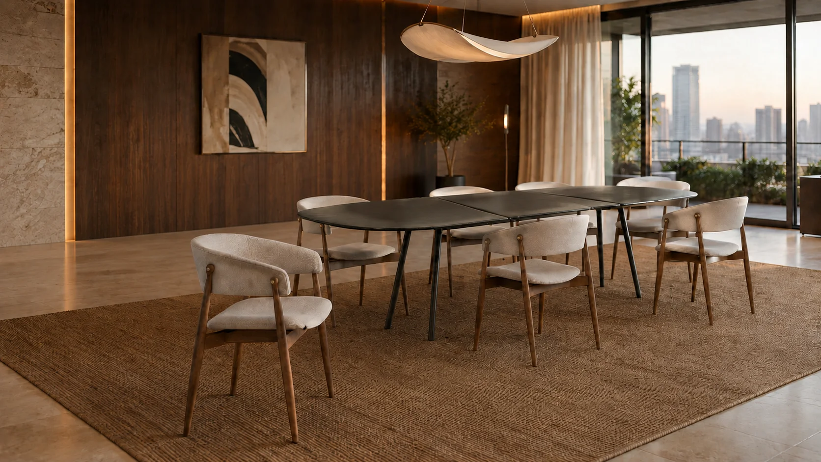 Cadeiras Musa e Mesa Vessel Dunelli em sala de jantar contemporânea.